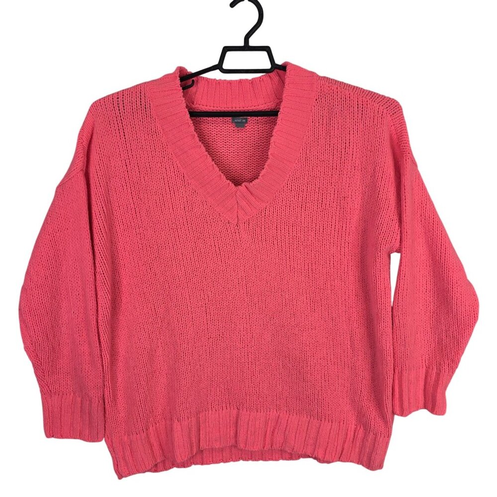 Womens Aerie Coral Pink V-Neck Knit Sweater Long Sleeve 100% Polyester Size M